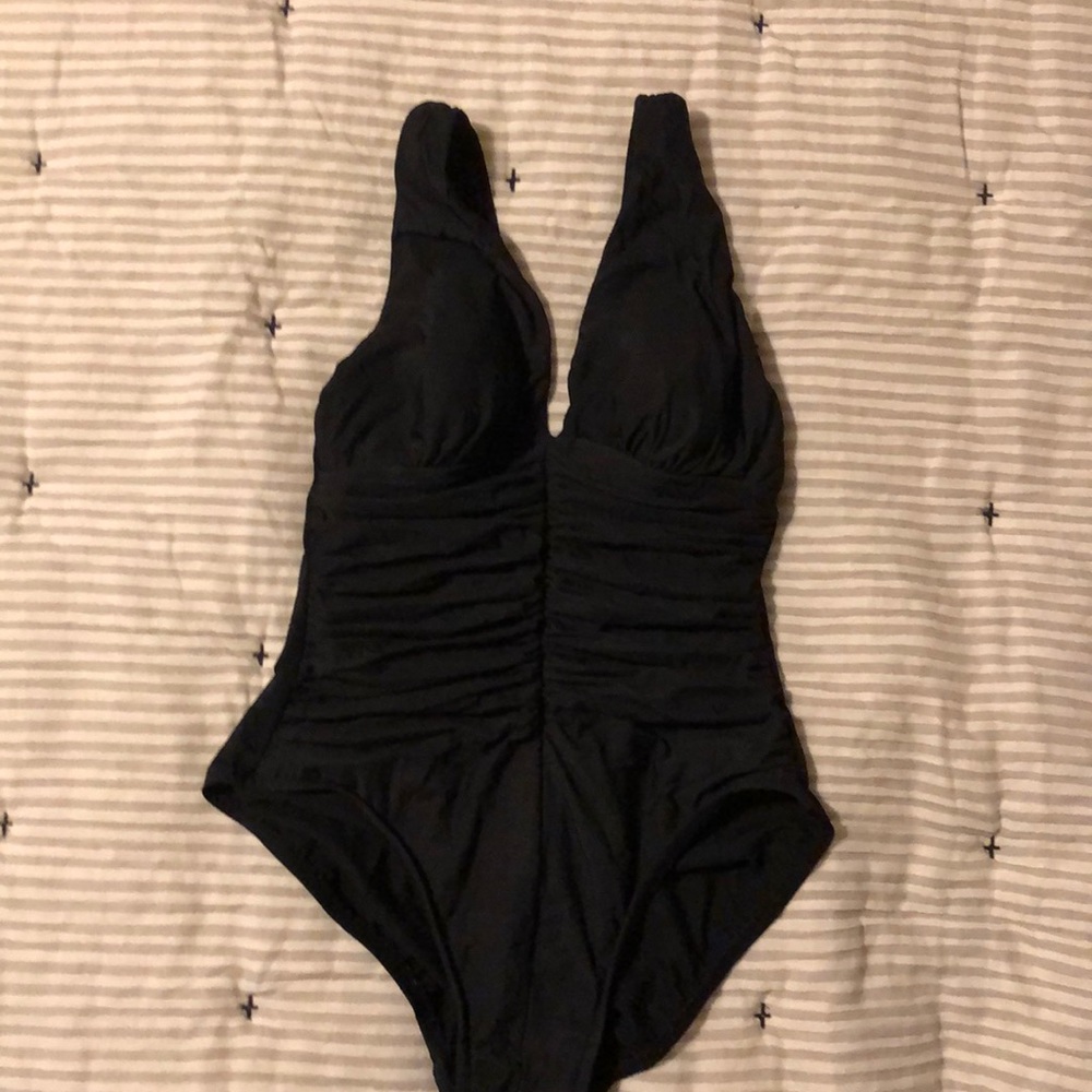 Black one piece swimsuit.